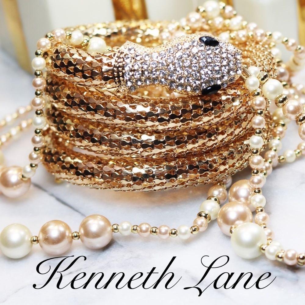 ⚜️ Kenneth Jay Lane Shimmering Gold Mesh and Clear Crystal Snake Wrap Bracelet
